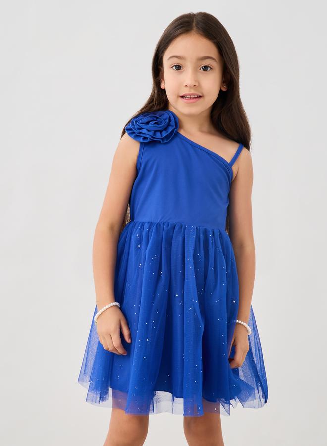 ستايلي فستان ستايلي للبنات بياقة غير متماثلة مزين بوردة - Image 2