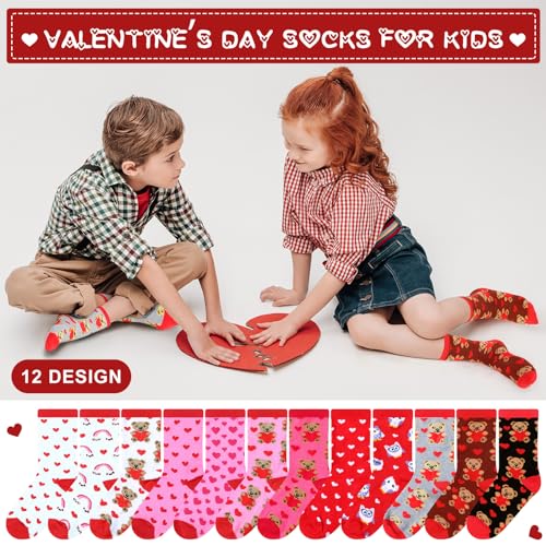 Cozypower 12 Pairs Kids Valentine's Socks Boys Girls Heart Bear Owl Novelty Socks Bulk for Kids Valentines Day Gifts - Image 5