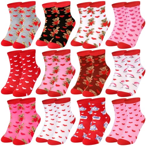 Cozypower 12 Pairs Kids Valentine's Socks Boys Girls Heart Bear Owl Novelty Socks Bulk for Kids Valentines Day Gifts - Image 1