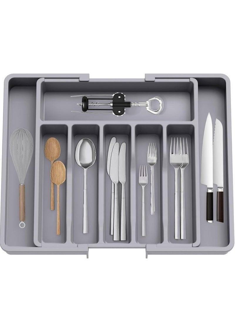 Golden Arrows Cutlery organizer for drawers, expandable kitchen utensil tray, BPA-free silverware and cutlery holder, adjustable plastic storage organizer for spoons, forks, and knives, large size, the tray can be extended to organize cutlery and folded to save space, Grey, 33-57*38*5 cm - Image 1