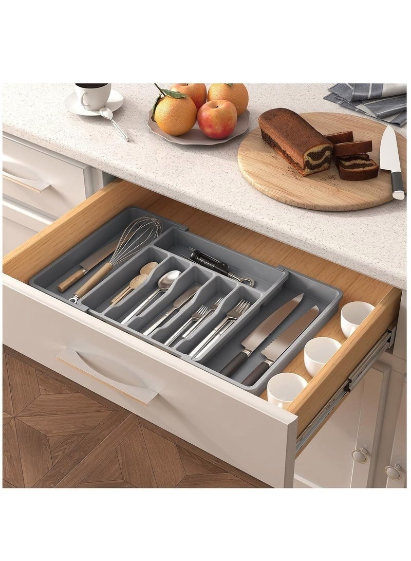 Golden Arrows Cutlery organizer for drawers, expandable kitchen utensil tray, BPA-free silverware and cutlery holder, adjustable plastic storage organizer for spoons, forks, and knives, large size, the tray can be extended to organize cutlery and folded to save space, Grey, 33-57*38*5 cm - Image 2