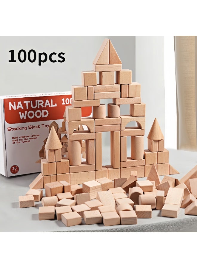 100pcs Natural Beech Wooden Building Blocks for children, Montessori Toys for Girls and Boys,DIY Stacking Toy Kit, Creative STEM Toy - Image 1