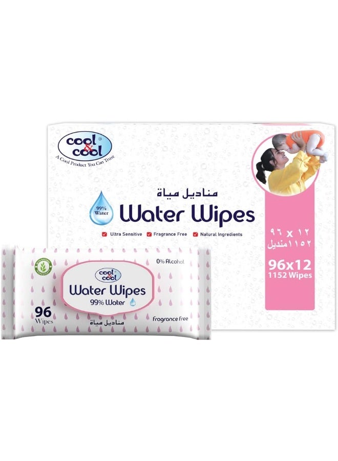 Cool & Cool Pack Of 10 AquaWipes 96's 99% AQUA, 0% Alcohol, Ultra Sensitive, Fragrance-Free, Natural Ingredients 1152 Wipes - Image 1