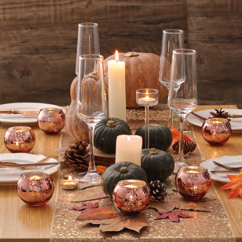 Volens Round Rose Gold Votive Candle Holders, Mercury Glass Tealight Candle Holder Set of 12 - Image 2
