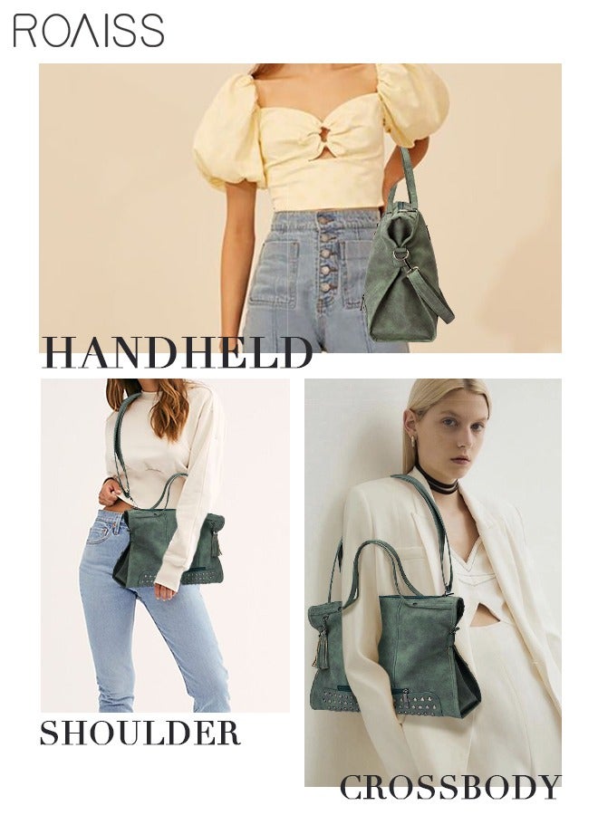 roaiss Generous Tote Lot Bag Retro Rivet and Tassel Crossbody Handbag for Women Long Strap Design Perfect for Travel and Everyday Use Green - Image 3