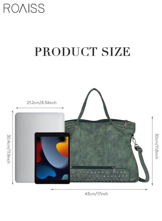 roaiss Generous Tote Lot Bag Retro Rivet and Tassel Crossbody Handbag for Women Long Strap Design Perfect for Travel and Everyday Use Green - Image 5