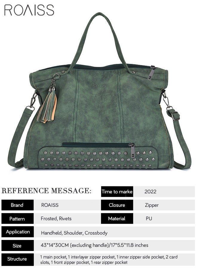 roaiss Generous Tote Lot Bag Retro Rivet and Tassel Crossbody Handbag for Women Long Strap Design Perfect for Travel and Everyday Use Green - Image 4