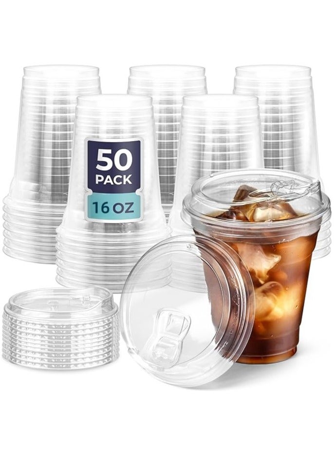 [50 عبوة] أكواب بلاستيكية شفافة سعة 16 أونصة مع أغطية للشرب بدون القش، أكواب قهوة بلاستيكية للاستعمال مرة واحدة - Image 1