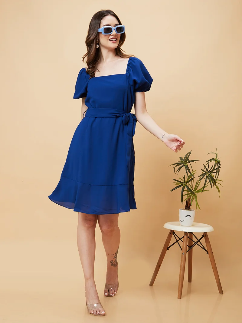 globus Globus Women Navy Blue Square Neck Puff Sleeve Fit & Flare Dress