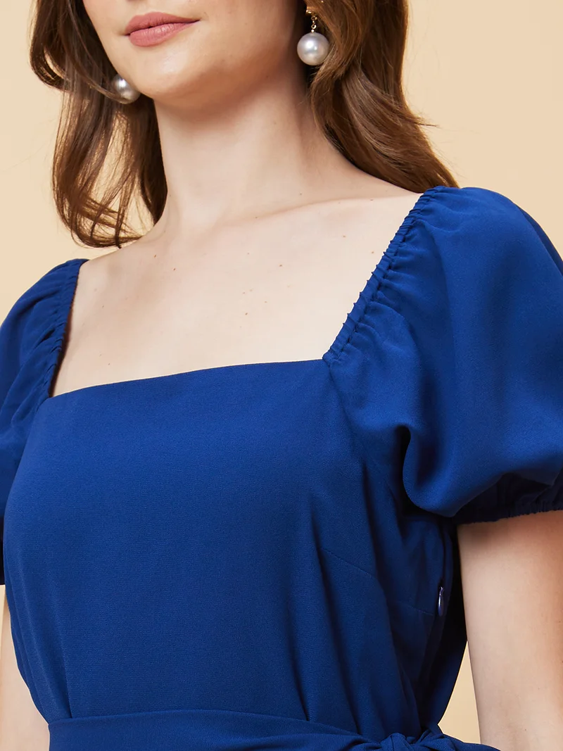 globus Globus Women Navy Blue Square Neck Puff Sleeve Fit & Flare Dress