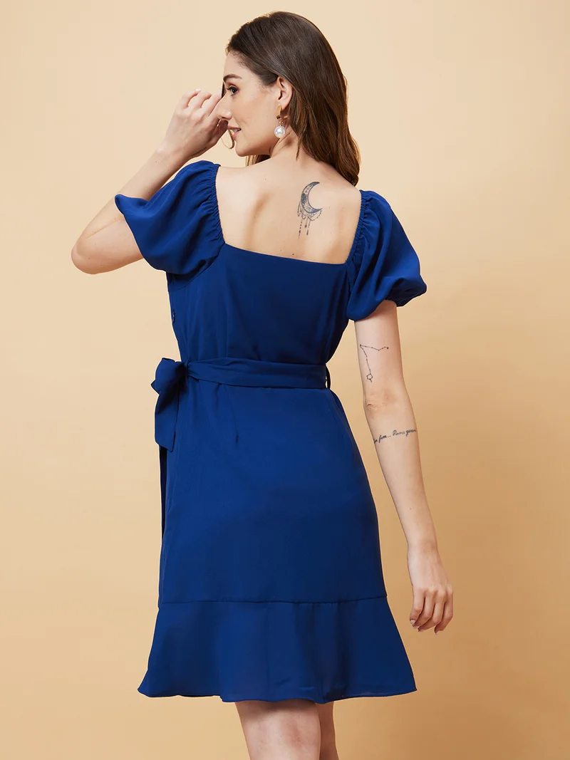 globus Globus Women Navy Blue Square Neck Puff Sleeve Fit & Flare Dress