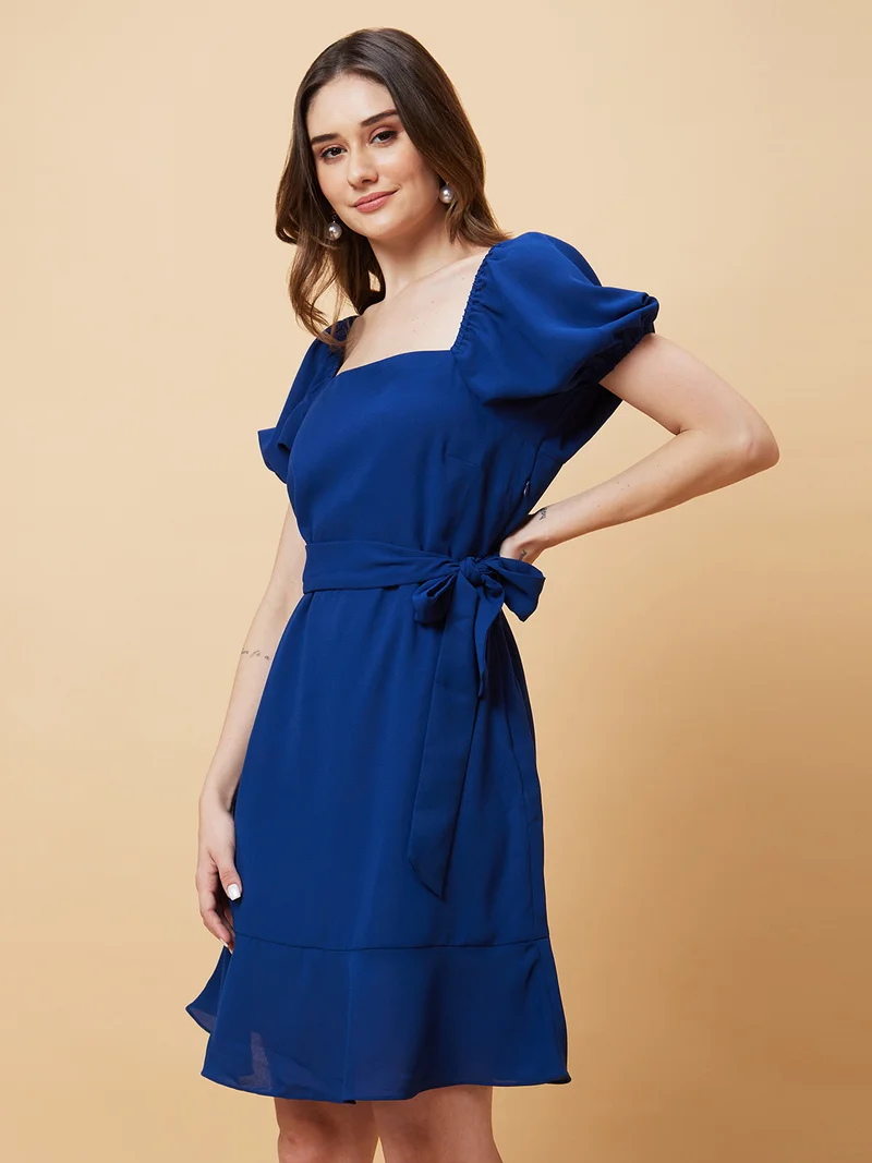 globus Globus Women Navy Blue Square Neck Puff Sleeve Fit & Flare Dress