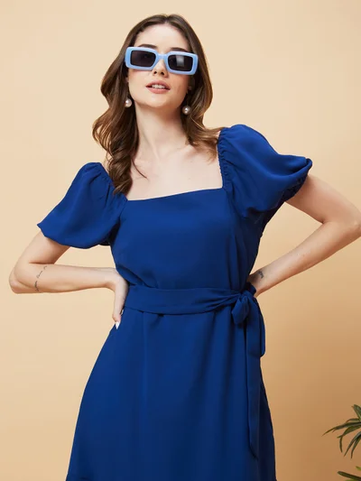 globus Globus Women Navy Blue Square Neck Puff Sleeve Fit & Flare Dress