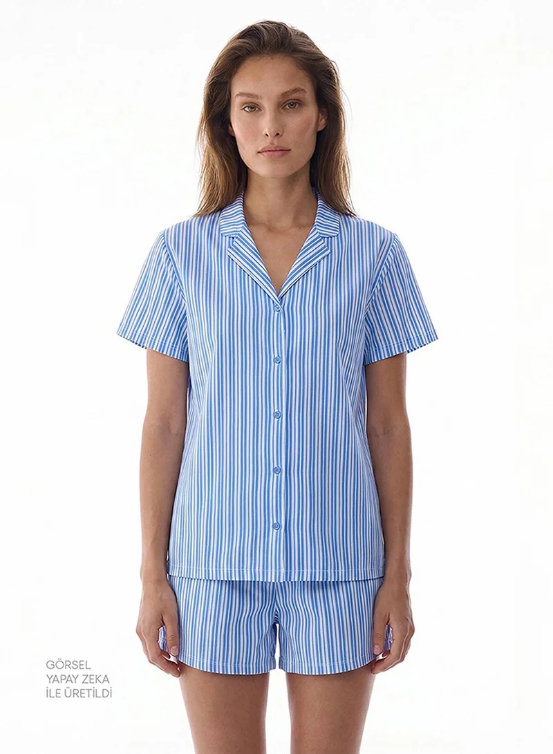 Penti Women's Blue Stripes Shirt & Shorts Cotton Set - Blue