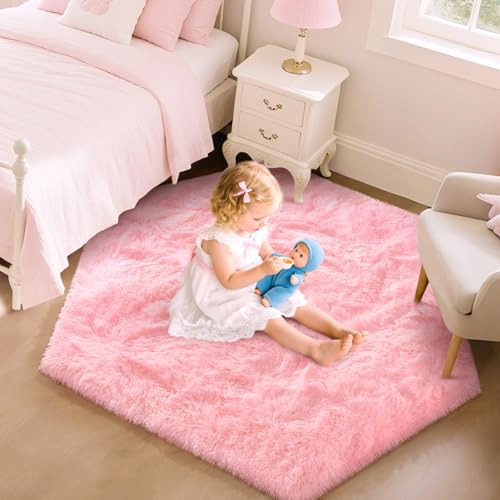 EVOIONOS Pink Hexagon Rug for Princess Tent, Fluffy Area Rug for Kids Room, 4x4.6 Feet for Girls Tent, Furry Soft Nursery Rug, Fuzzy Plush Carpet for Teen Girls Bedroom - Image 4