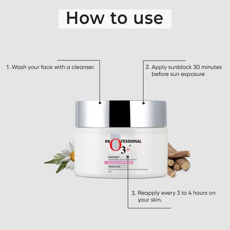 O3 كريم النهار المتألق O3 SPF 30 لبشرة متوهجة ومتساوية اللون يرطب ويحمي جميع أنواع البشرة 50 جرام غسول وجه O3 للتفتيح والتبييض مع مستخلصات الخيار والألوة فيرا 50 جرام - Image 4