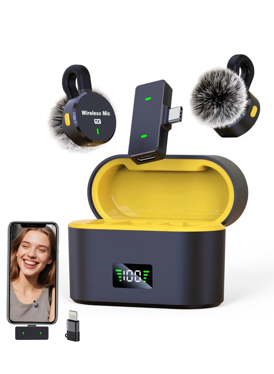 Concealed lapel clip mini microphone, wireless lapel microphone for iPhone, iPad and Android devices, USB-C noise-cancelling portable microphone with windscreen and charging case - Compact clip-on microphone for YouTube, TikTok, podcasting and video recording