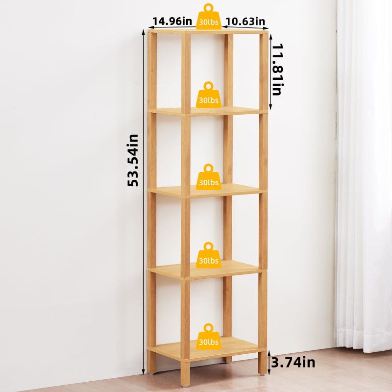 YUFAM 54in Tall Bookshelf 5-Tier Small Narrow Bookcase, Skinny Book Shelf for Small Space, Farmhouse Slim Shelf with Storage, Wood Freestanding Display Thin Bookshelves for Living Room, Natural - Image 2