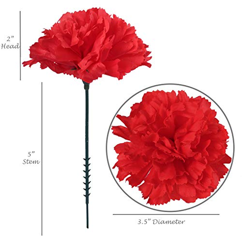 Larksilk Red Real Touch Silk Carnation Picks - 100 Count Bulk Artificial Flowers for Weddings, DIY Decor - 3.5"" Heads, 5"" Stems - Image 3