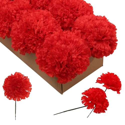 Larksilk Red Real Touch Silk Carnation Picks - 100 Count Bulk Artificial Flowers for Weddings, DIY Decor - 3.5"" Heads, 5"" Stems - Image 1
