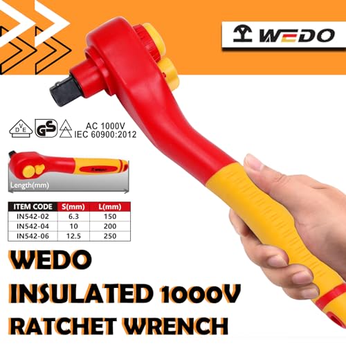 WEDO Insulated Ratchet Wrench 38 Drive 8 LengthElectricians Safety Wrench VDE 1000V AntiSlip Handles Head DieForged of Chrome Vanadium Steel IEC 60900 - Image 3