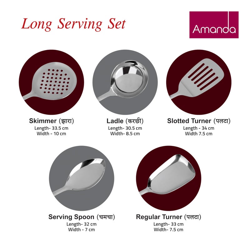 Amanda 5 Piece Stainless Steel Serving Spoon Set | Heavy Gauge | Includes Ladle, Turner, Rice Spoon, Oval Spoon, and Serving Spoon | Durable, Rust-Resistant Kitchen & Dining Table Essentials | Silver - Image 4