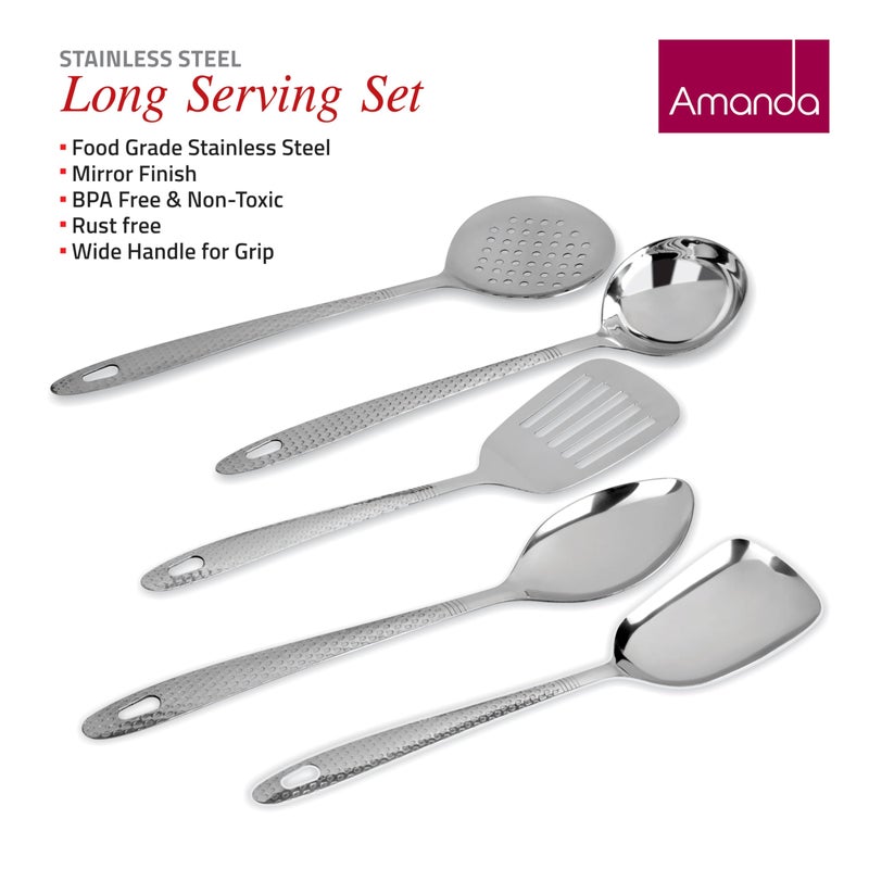 Amanda 5 Piece Stainless Steel Serving Spoon Set | Heavy Gauge | Includes Ladle, Turner, Rice Spoon, Oval Spoon, and Serving Spoon | Durable, Rust-Resistant Kitchen & Dining Table Essentials | Silver - Image 2