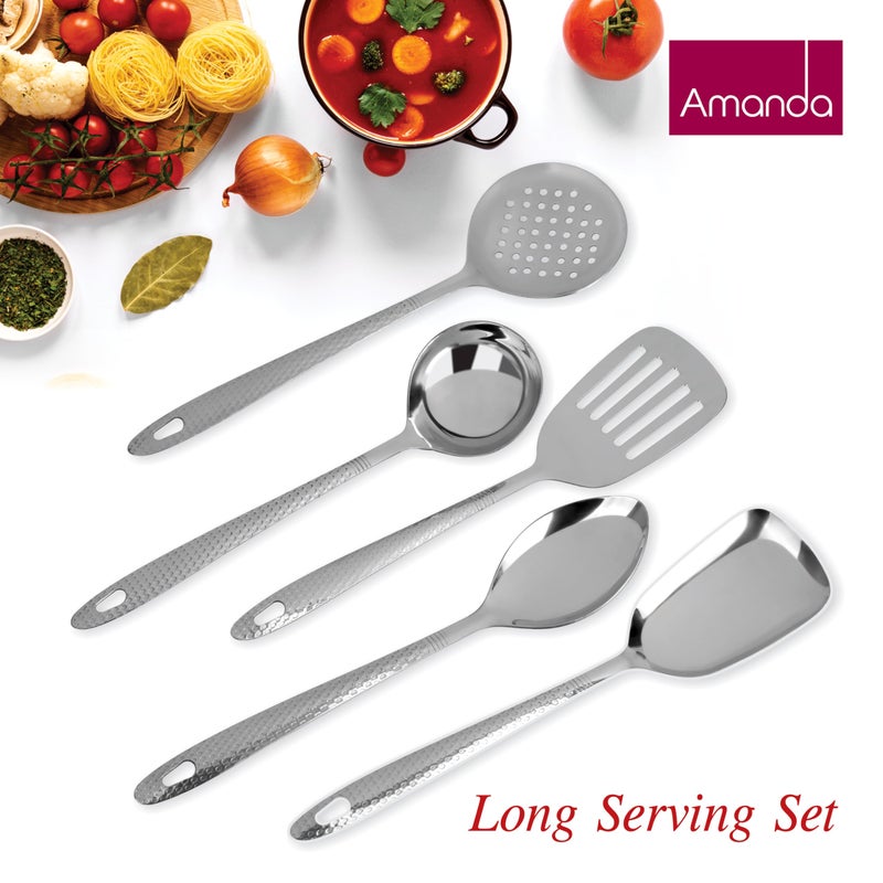 Amanda 5 Piece Stainless Steel Serving Spoon Set | Heavy Gauge | Includes Ladle, Turner, Rice Spoon, Oval Spoon, and Serving Spoon | Durable, Rust-Resistant Kitchen & Dining Table Essentials | Silver - Image 3