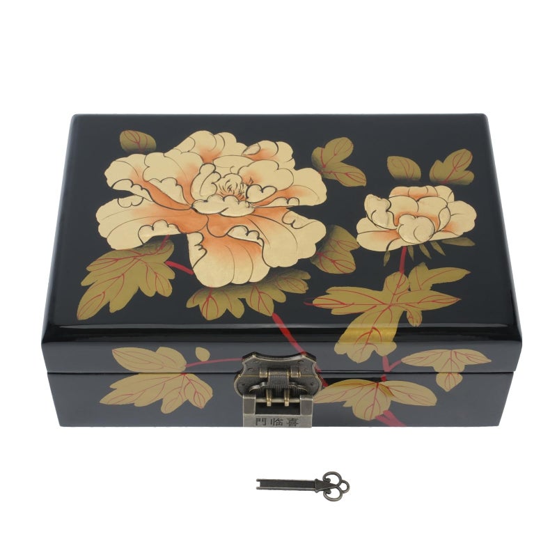Handcrafted Chinese Antique Lacquer Jewelry Organizer with MultiLayer Compartments Builtin Mirror HighGloss Finish Elegant Wedding Anniversary Birthday Gift Box for Women