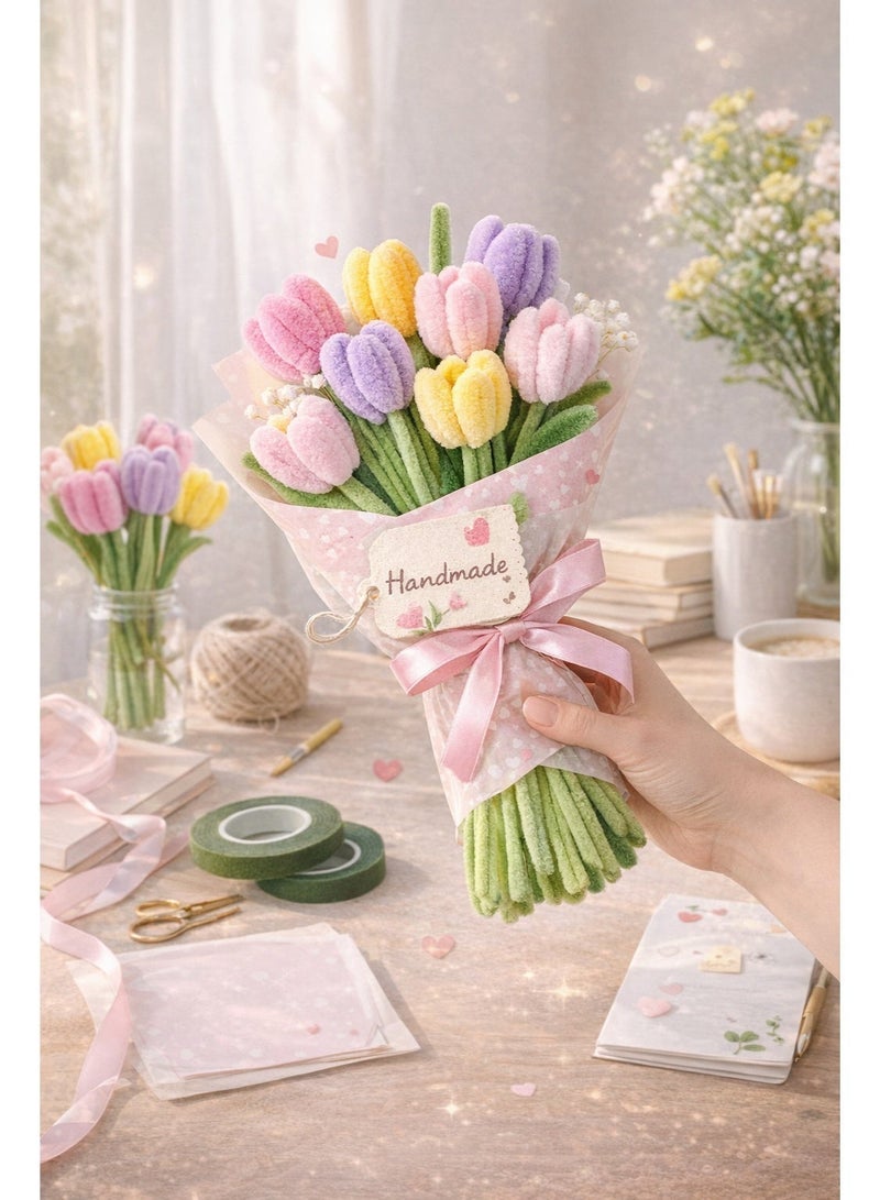 Sisily Pipe Cleaner Flower Bouquet Making Kit with 400 Chenille Stems 20 Floral Stems 150 Flower Stamens 2 Floral Tapes and Ribbon Craft Set - Image 5