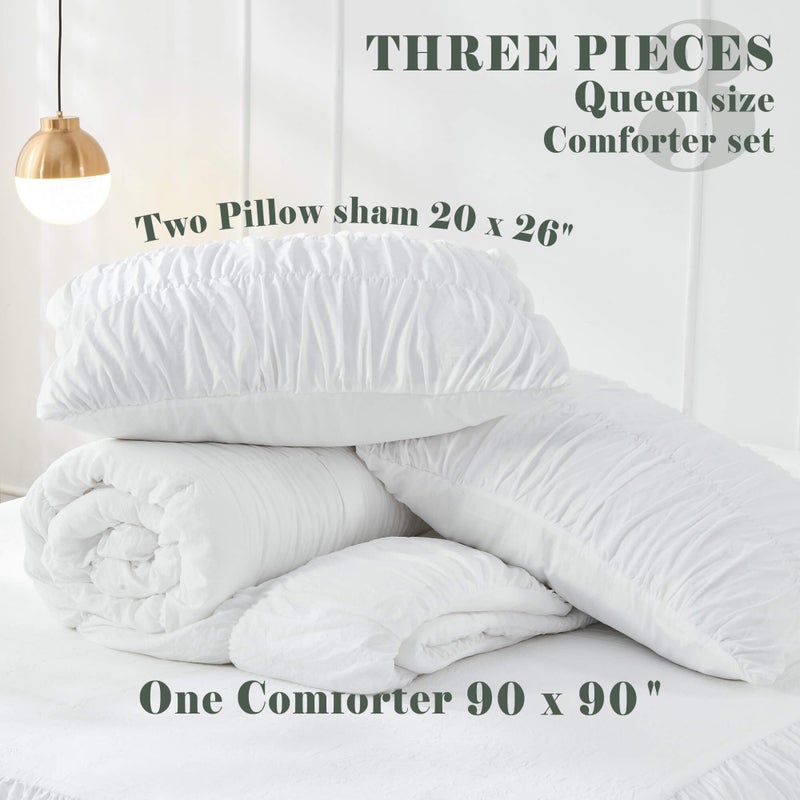Bonlino Queen Comforter Set White Bedding - Ruched Comforter Queen Size Bed Set Boho Shabby Chic Bedding for Bedroom Comforter Fluffy 3 Piece Ruffle Comforter Set with Pillow White Soft - Image 5