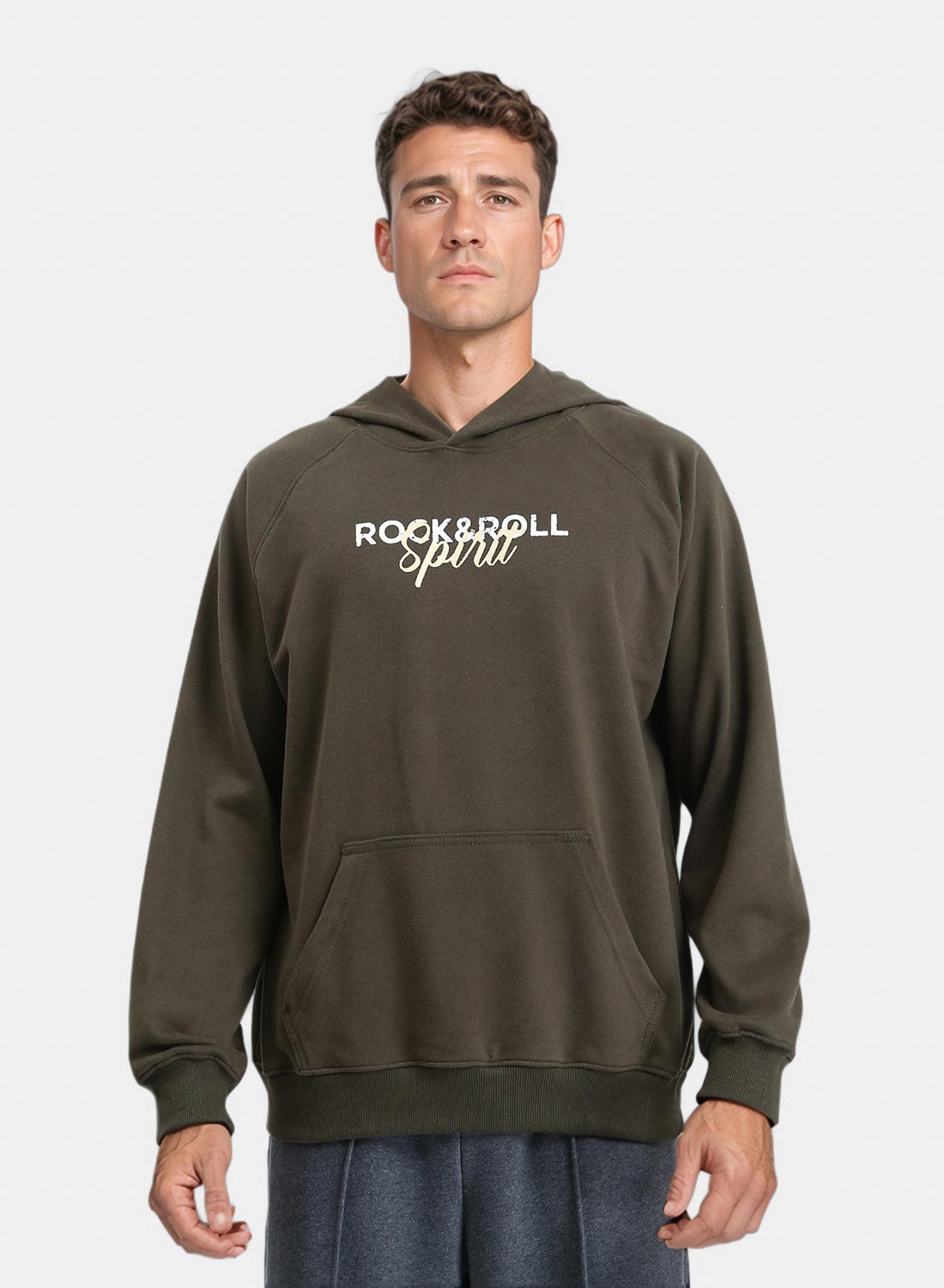 Men Rock Roll Long Sleeves Hoodie Dark Khaki