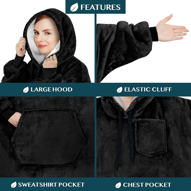 PAVILIA PAVILIA Blanket Hoodie for Women Black  Sherpa Wearable Blanket Men  Cozy Oversized Sweatshirt Blanket  Warm Fleece Hooded Blanket Sweater with Sleeves and Giant Pocket  Black - Image 3