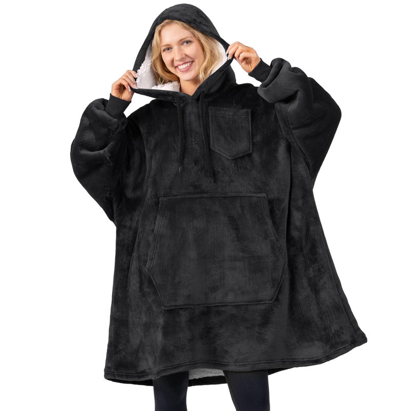 PAVILIA PAVILIA Blanket Hoodie for Women Black  Sherpa Wearable Blanket Men  Cozy Oversized Sweatshirt Blanket  Warm Fleece Hooded Blanket Sweater with Sleeves and Giant Pocket  Black - Image 1