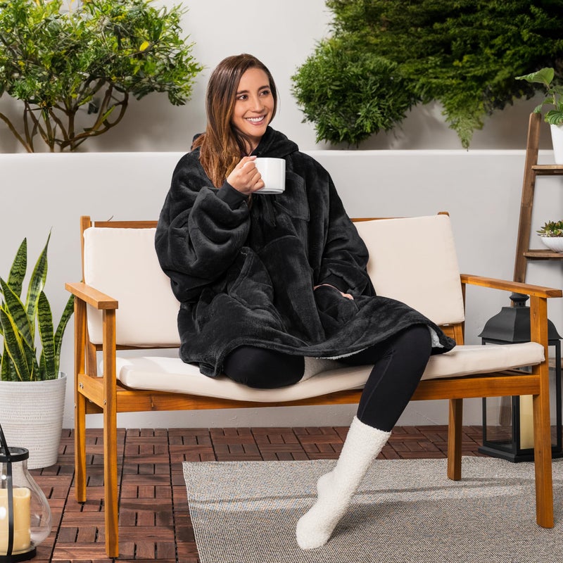 PAVILIA PAVILIA Blanket Hoodie for Women Black  Sherpa Wearable Blanket Men  Cozy Oversized Sweatshirt Blanket  Warm Fleece Hooded Blanket Sweater with Sleeves and Giant Pocket  Black - Image 2