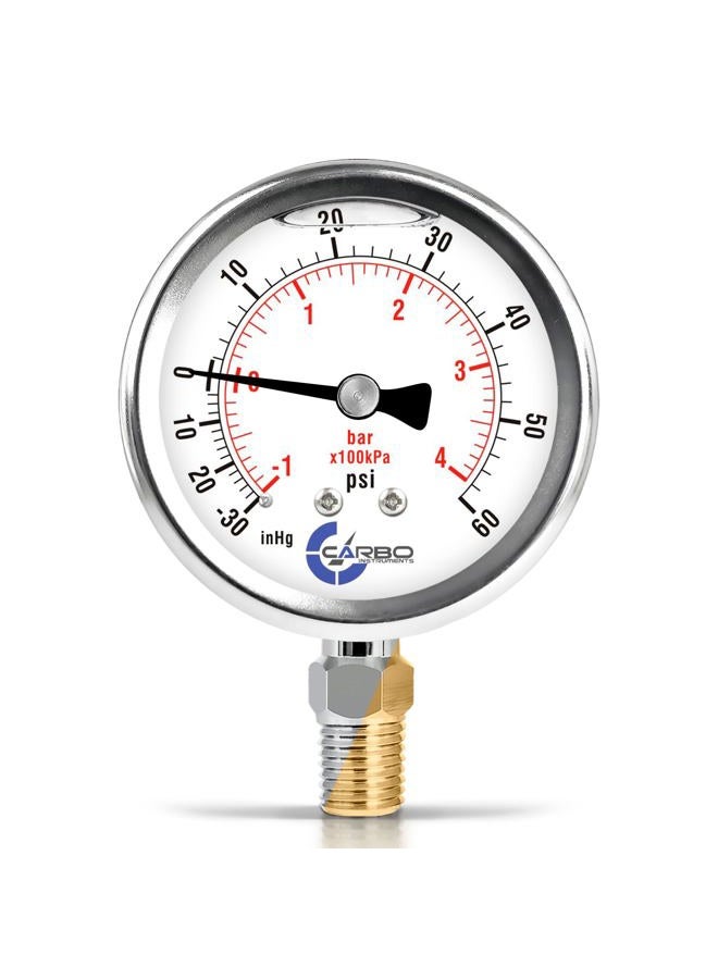 CARBO Instruments Stainless Steel Pressure Gauge Dual Display (-30 Hg - 0-60 psi/kPa) - 2 1-2" Glycerine Liquid Filled Water Air Oil Gas Gauge with Polycarbonate Lens - Compound Vacuum - 1/4" NPT - Image 1