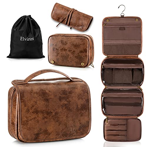 Elviros Hanging Toiletry Bag Removable Travel Bag PU leather Makeup Cosmetic Organizer Kit, Dark Brown - Image 1