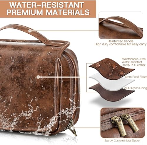 Elviros Hanging Toiletry Bag Removable Travel Bag PU leather Makeup Cosmetic Organizer Kit, Dark Brown - Image 3