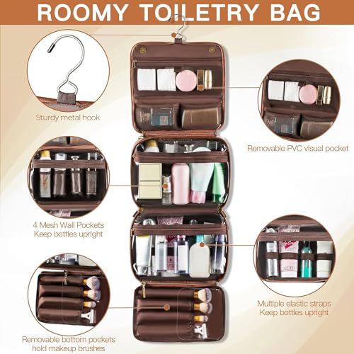 Elviros Hanging Toiletry Bag Removable Travel Bag PU leather Makeup Cosmetic Organizer Kit, Dark Brown - Image 4