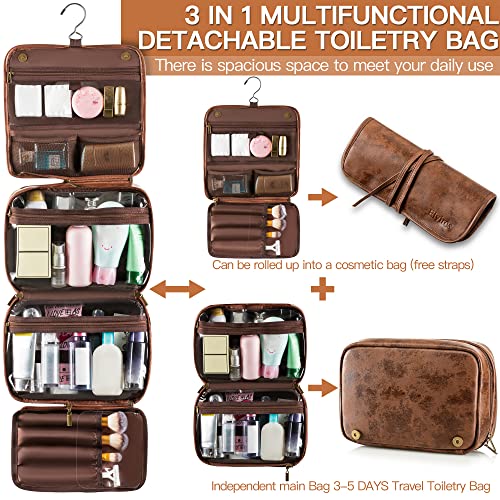 Elviros Hanging Toiletry Bag Removable Travel Bag PU leather Makeup Cosmetic Organizer Kit, Dark Brown - Image 2