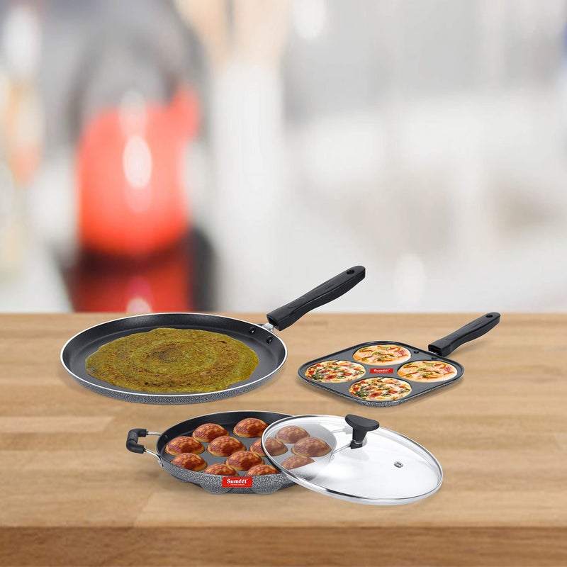 Sumeet NonStick Kijivu Cookware Set (Dosa Tawa - 26.5Cm Dia + Mini Multi Snack Maker - 4 Cavity -19.5cm + Grill Appam Patra with Glass Lid - 12 Cavity - 22cm Dia) - Image 2