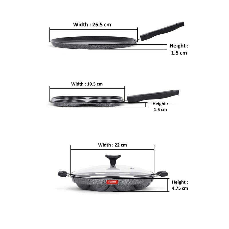 Sumeet NonStick Kijivu Cookware Set (Dosa Tawa - 26.5Cm Dia + Mini Multi Snack Maker - 4 Cavity -19.5cm + Grill Appam Patra with Glass Lid - 12 Cavity - 22cm Dia) - Image 4