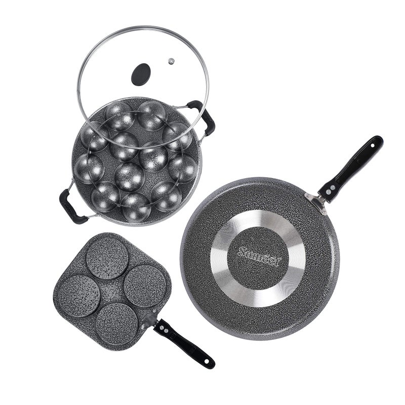 Sumeet NonStick Kijivu Cookware Set (Dosa Tawa - 26.5Cm Dia + Mini Multi Snack Maker - 4 Cavity -19.5cm + Grill Appam Patra with Glass Lid - 12 Cavity - 22cm Dia) - Image 5