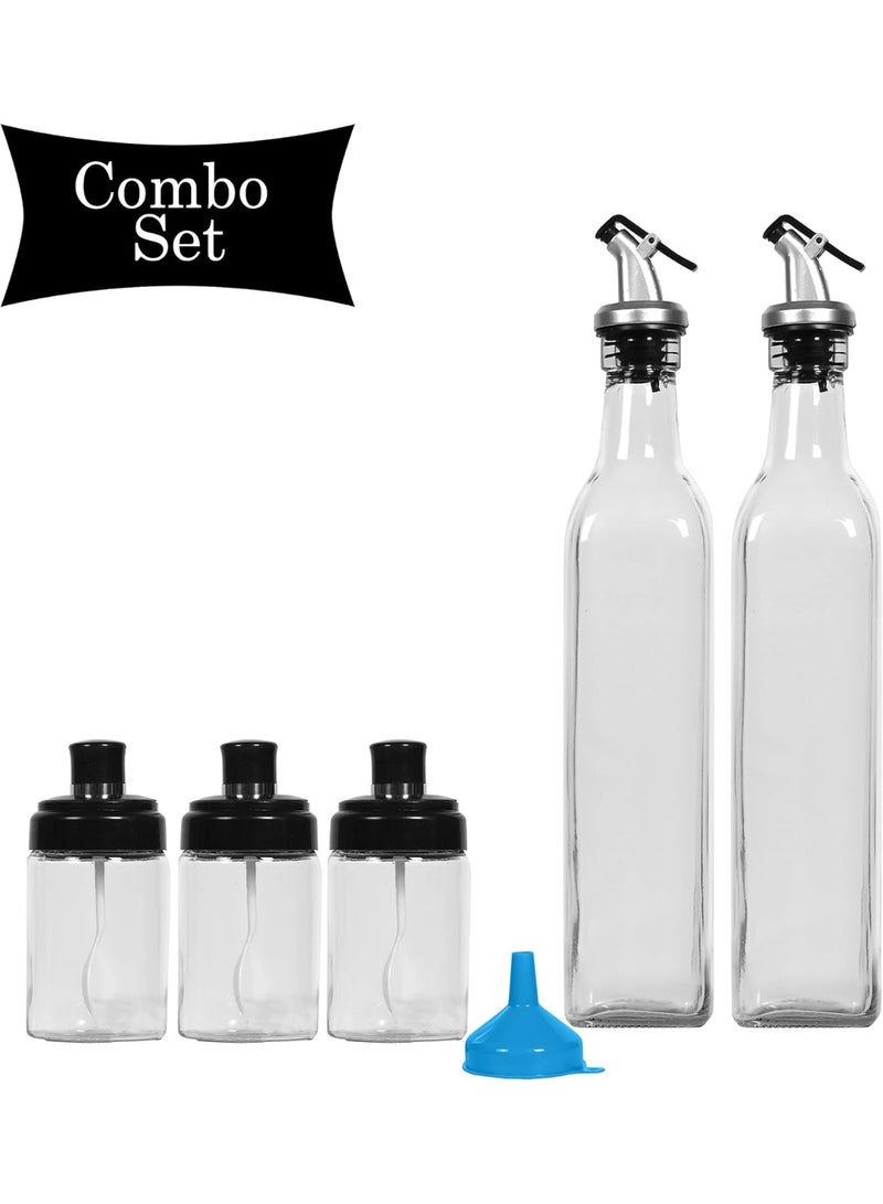 5 Piece Kitchen Spice and Oil Set (3 Spice Jars and 2 Oil Jars) - Oil Sprayer - Oil Spray Bottle - Vinegar and Oil Dispenser - Oil Dispenser Bottle - Oil Dispenser and Spice Bottles - Glass Jars for Salt, Spices, Pickles - Spice Jar - Oil Sprayers and Spice Jars - Glass Dispensers Made of High Quality Materials for Kitchen - Modern Glass Oil Dispenser with Wide Mouth for Easy Refilling and Cleaning  - Image 2