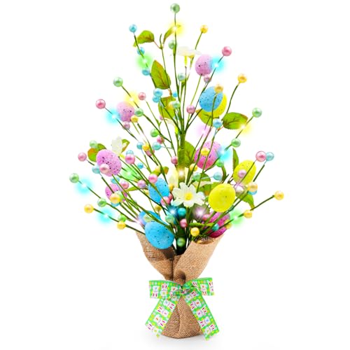 Kenburg Lighted Easter Decorations 20 Egg Tree for Tabletop Decor Timer Egg Tree Ornaments Easter Artificial Tree for Centerpiece Table Indoor Outdoor Spring Home Decorations - Image 1