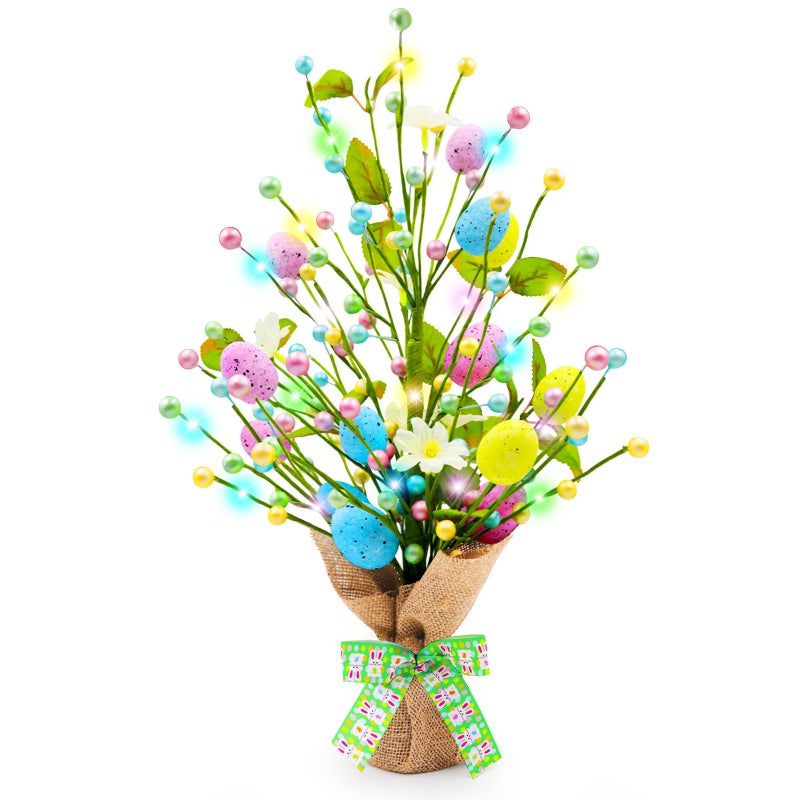 Kenburg Lighted Easter Decorations 20 Egg Tree for Tabletop Decor Timer Egg Tree Ornaments Easter Artificial Tree for Centerpiece Table Indoor Outdoor Spring Home Decorations - Image 2