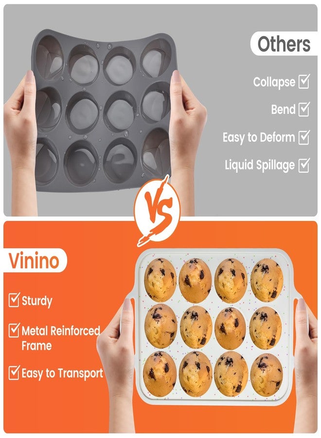 Vinino 2Pack Silicone Muffin Pan for Baking with Metal Reinforced Frame, 12 Cup Regular Size Cupcake Pan, BPA Free Silicone Muffin Tray, Cupcake Baking Pan Bite Molds for Oven Dishwasher Safe - Image 3