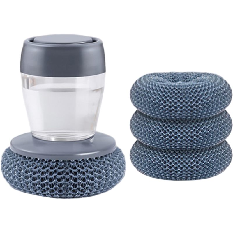 Press type liquid dishwashing brush multifunctional pot dish cleaning brush (1 set of liquid PET ball brush +3 replacement balls) Blue - Image 1