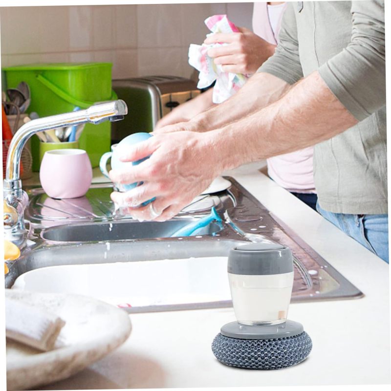 Press type liquid dishwashing brush multifunctional pot dish cleaning brush (1 set of liquid PET ball brush +3 replacement balls) Blue - Image 5