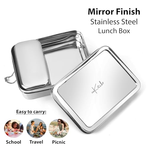 inKitch Stainless Steel Square Tiffin Box for Kids & Office | 650ML Rectangle Lunch Box with Inner Box & Locking Clip | Leak-Proof Steel Tiffin for School, College & Work | Durable & Food Safe - Image 3